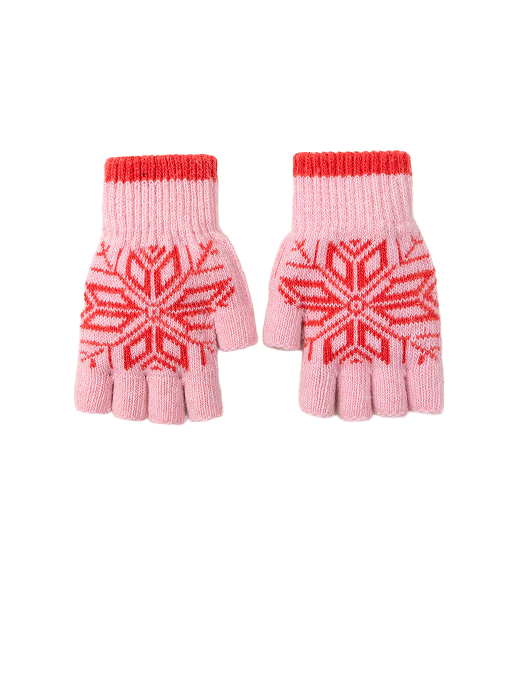Pink fingerless gloves with red snowflake motif, front view