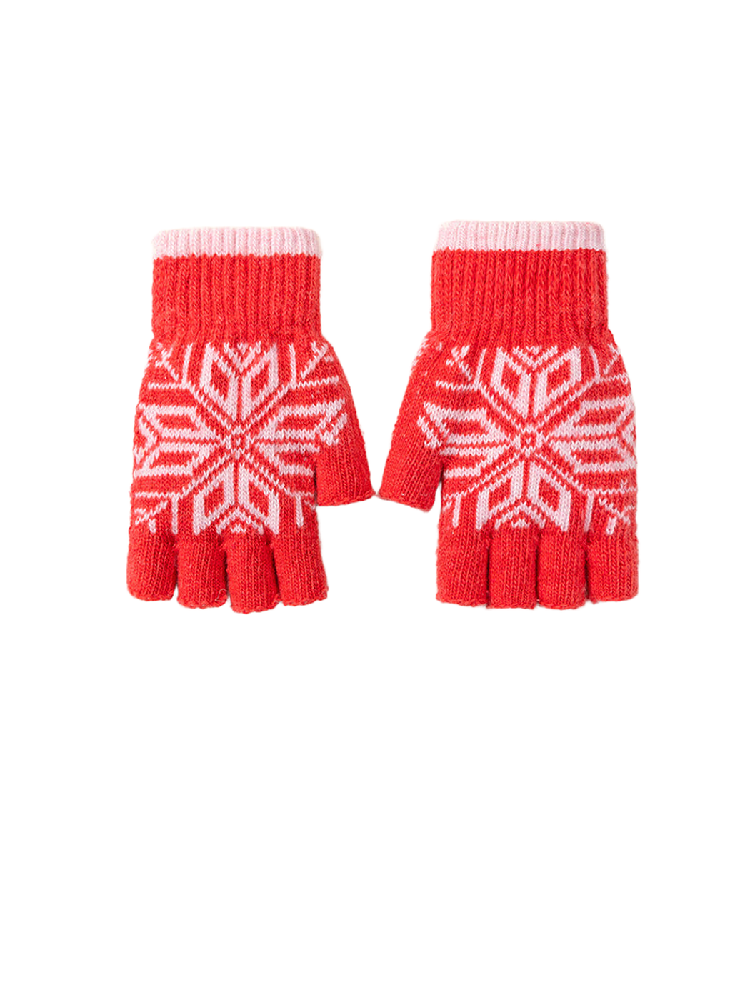 Red fingerless gloves with white snowflake motif, front view