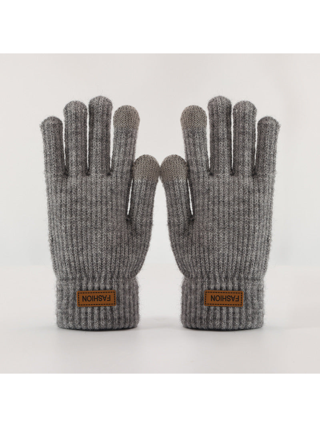 Gray ribbed gloves with contrasting fingertips, front view