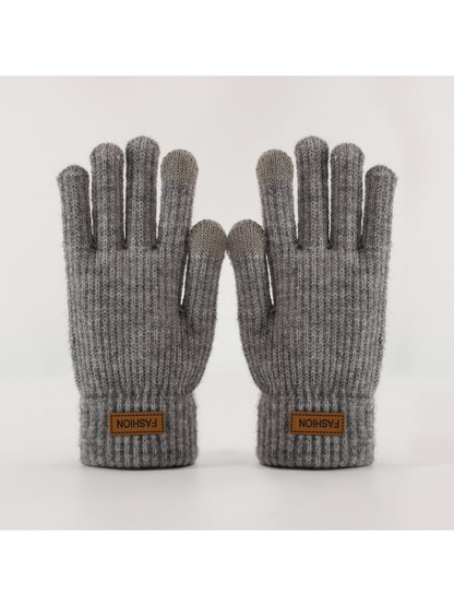 Gray ribbed gloves with contrasting fingertips, front view