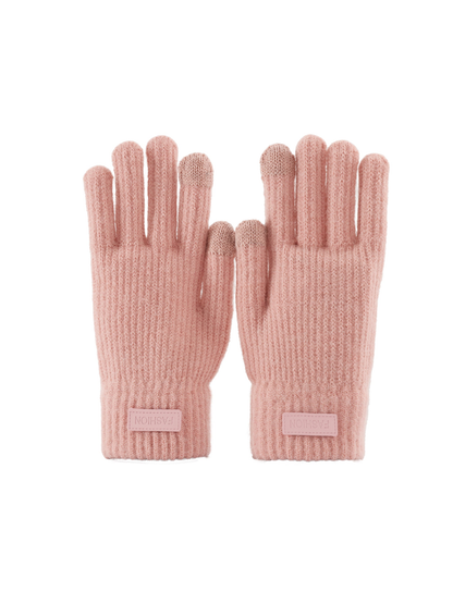 Pink ribbed gloves with extended cuffs, front view