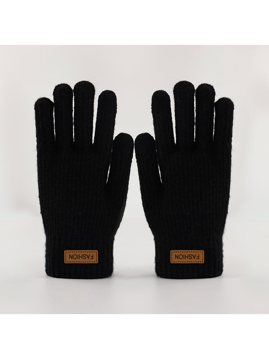 Black ribbed gloves with extended cuffs, front view