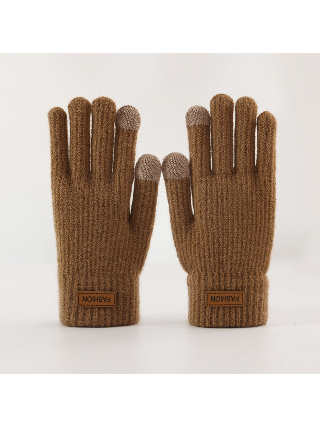 Brown ribbed gloves with contrasting fingertips, front view