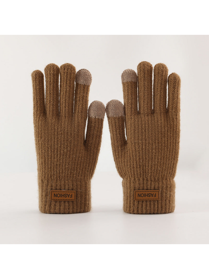 Brown ribbed gloves with contrasting fingertips, front view