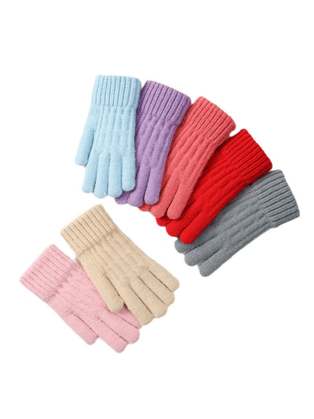 Multiple colors of textured knit gloves arranged on a white background