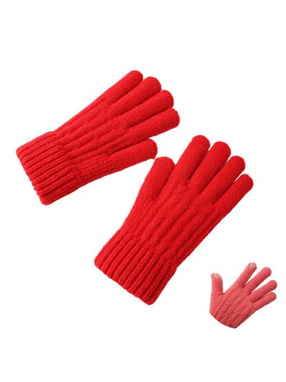 Red textured knit gloves with extended ribbed cuffs