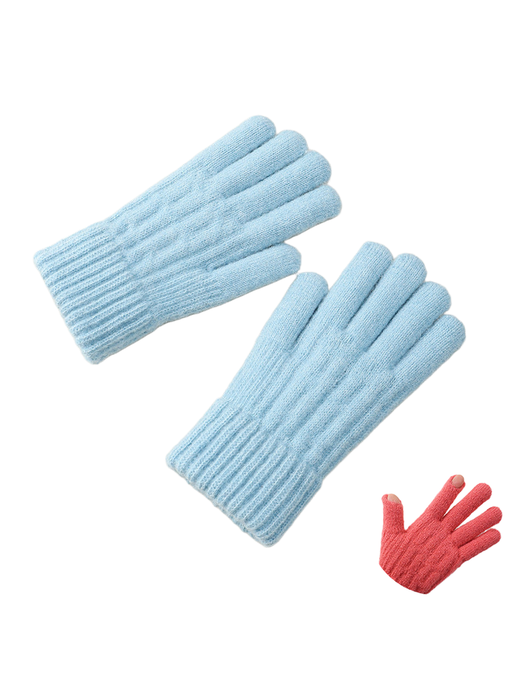 Light blue textured knit gloves with extended ribbed cuffs