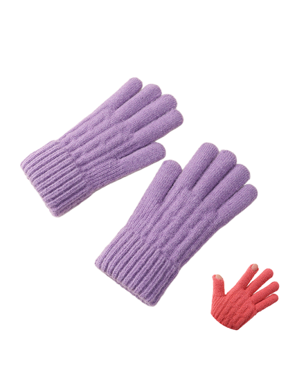 Light purple textured knit gloves with extended ribbed cuffs