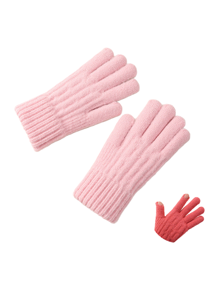 Light pink textured knit gloves with extended ribbed cuffs