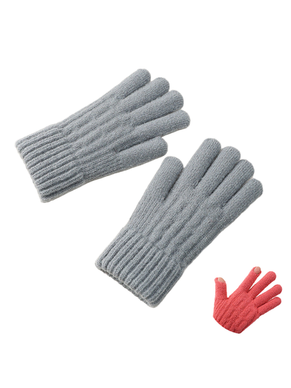 Gray textured knit gloves with extended ribbed cuffs