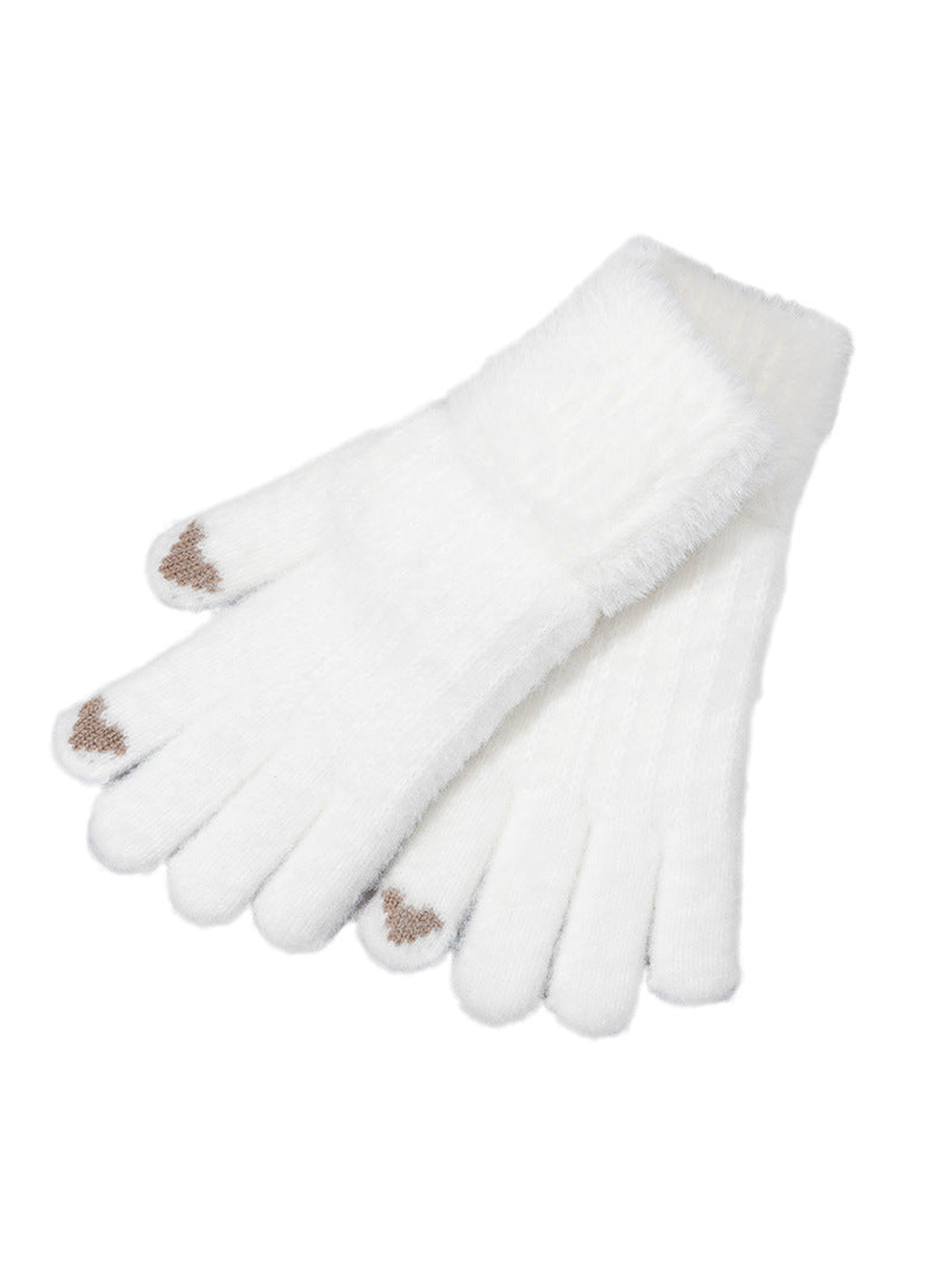 White fuzzy-textured gloves with contrasting heart motifs at the fingertips