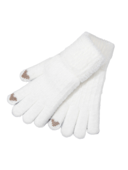 White fuzzy-textured gloves with contrasting heart motifs at the fingertips