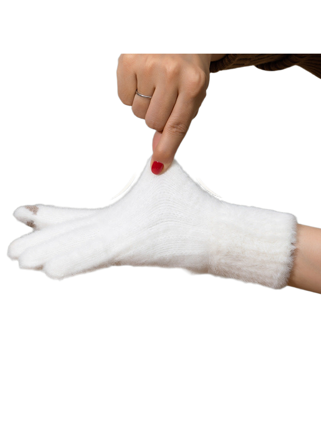 White fuzzy-textured glove stretched to show the flexible knit
