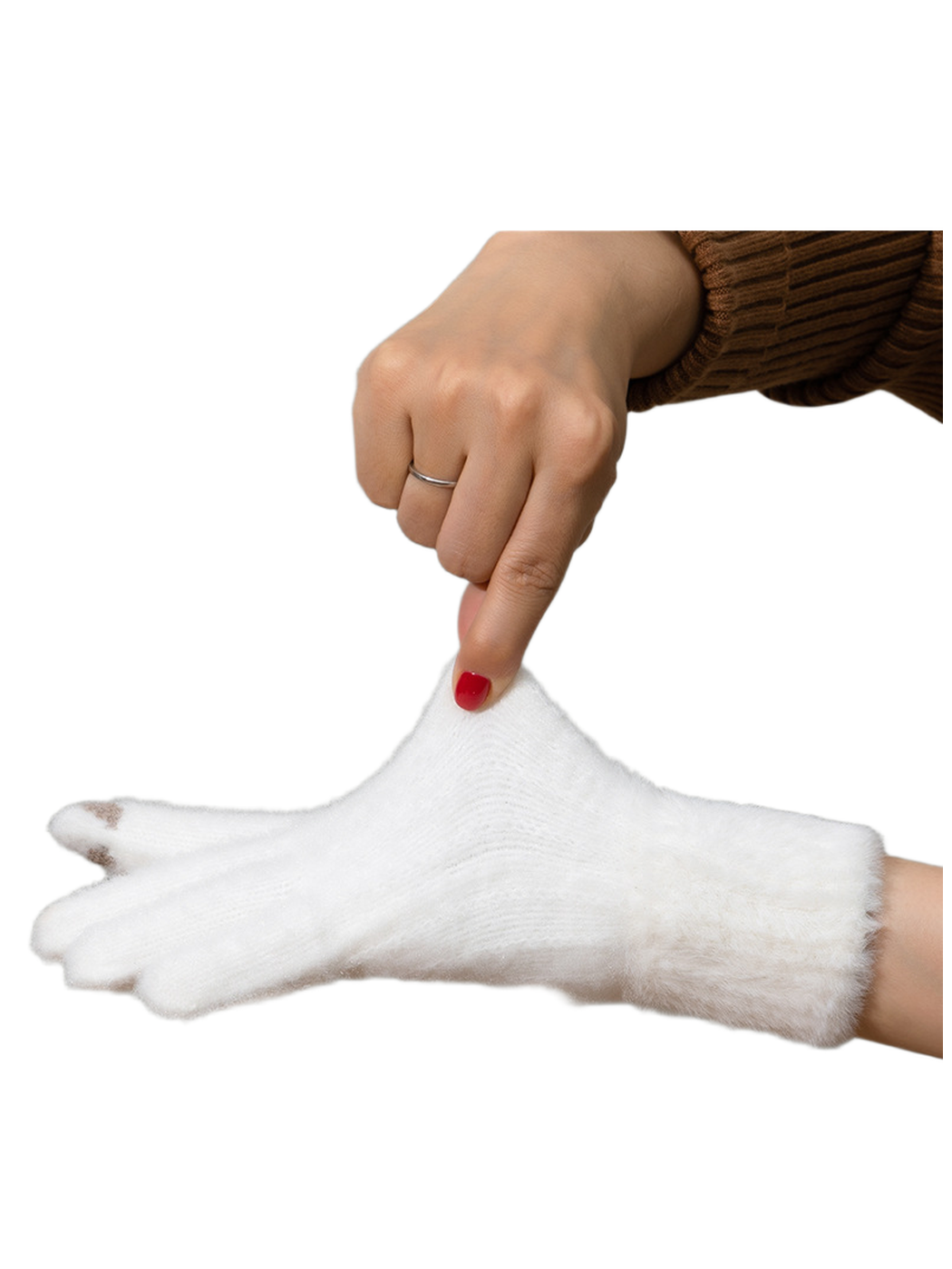 White fuzzy-textured glove stretched across the back of the hand