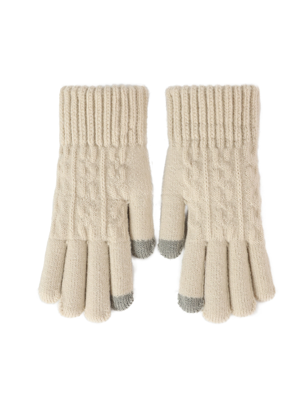 Beige cable-knit gloves with ribbed cuffs and contrasting gray fingertips
