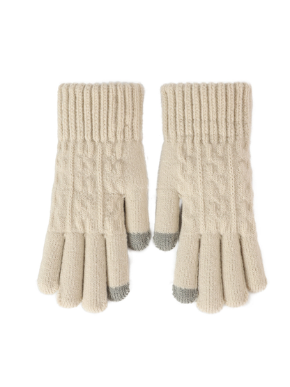 Beige cable-knit gloves with ribbed cuffs and contrasting gray fingertips