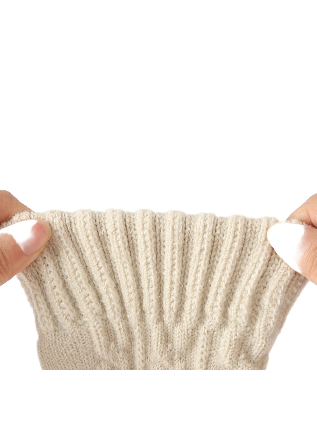 Close-up of a ribbed beige glove cuff held between two hands