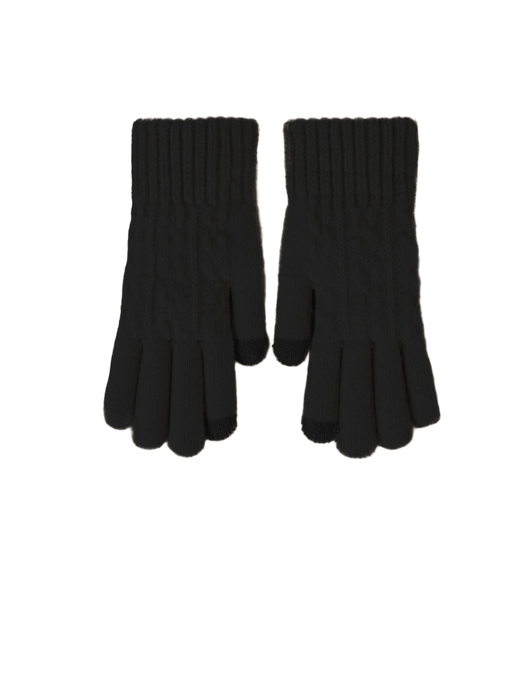 Black cable-knit gloves with ribbed cuffs, front view