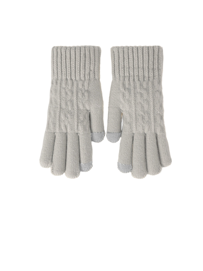 Light gray cable-knit gloves with ribbed cuffs and contrasting fingertips