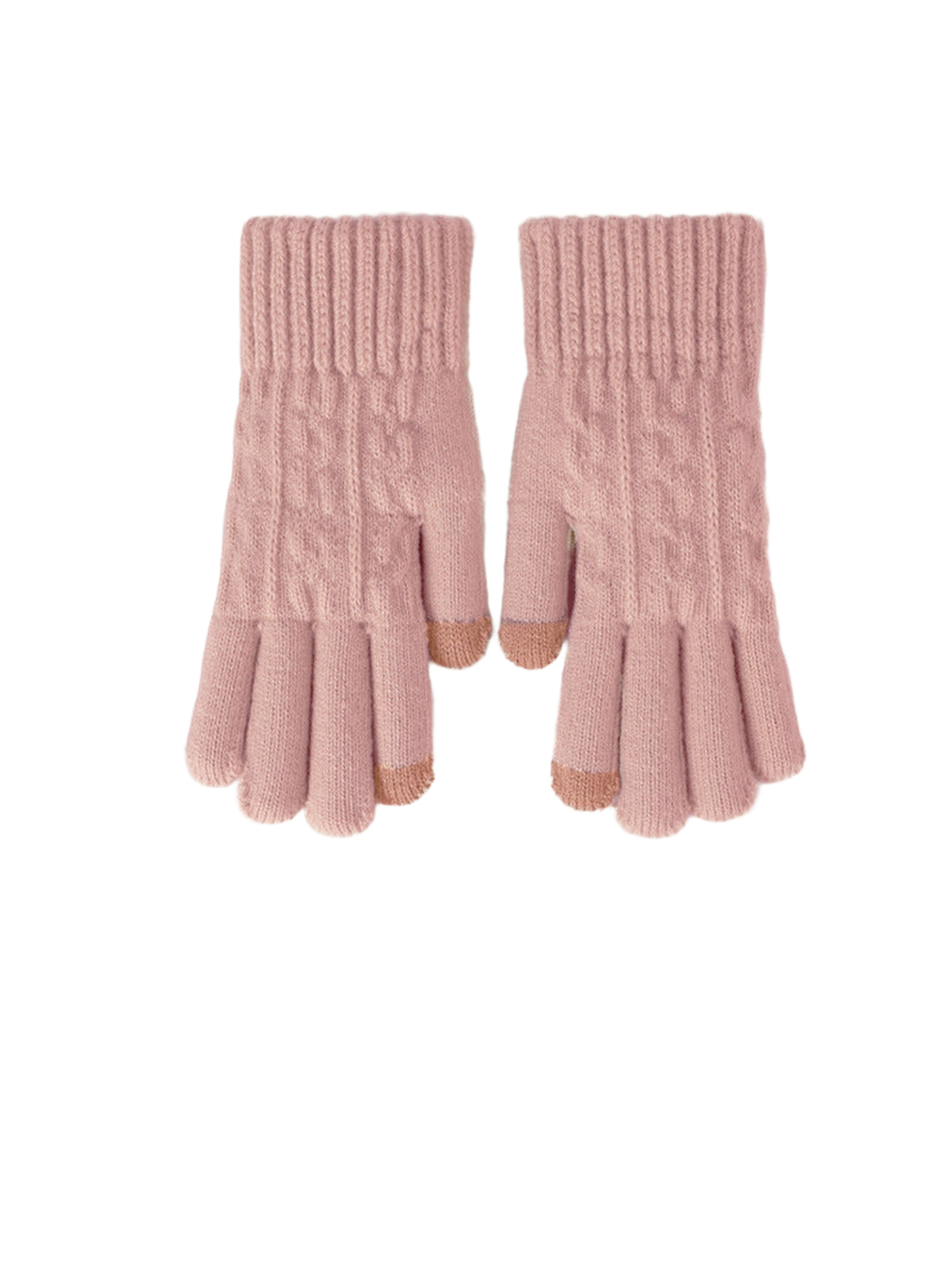 Dusty pink cable-knit gloves with ribbed cuffs and contrasting fingertips