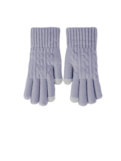 Light purple cable-knit gloves with ribbed cuffs and contrasting fingertips