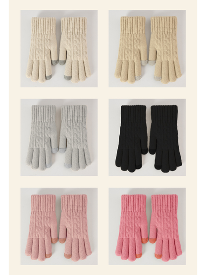 Beige, gray, black and pink cable-knit gloves displayed together