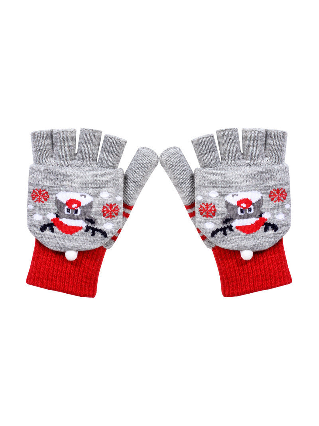 Gray and red reindeer convertible fingerless gloves with fold-back mitten covers