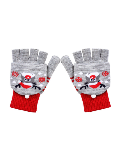 Gray and red reindeer convertible fingerless gloves with fold-back mitten covers