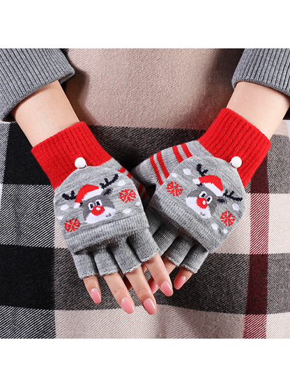 Gray and red reindeer convertible gloves worn with the mitten covers folded back