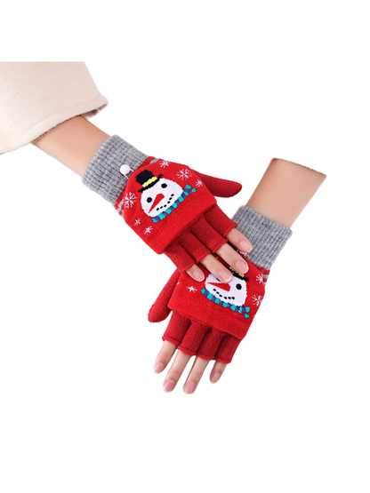 Red convertible fingerless gloves with snowman mitten covers