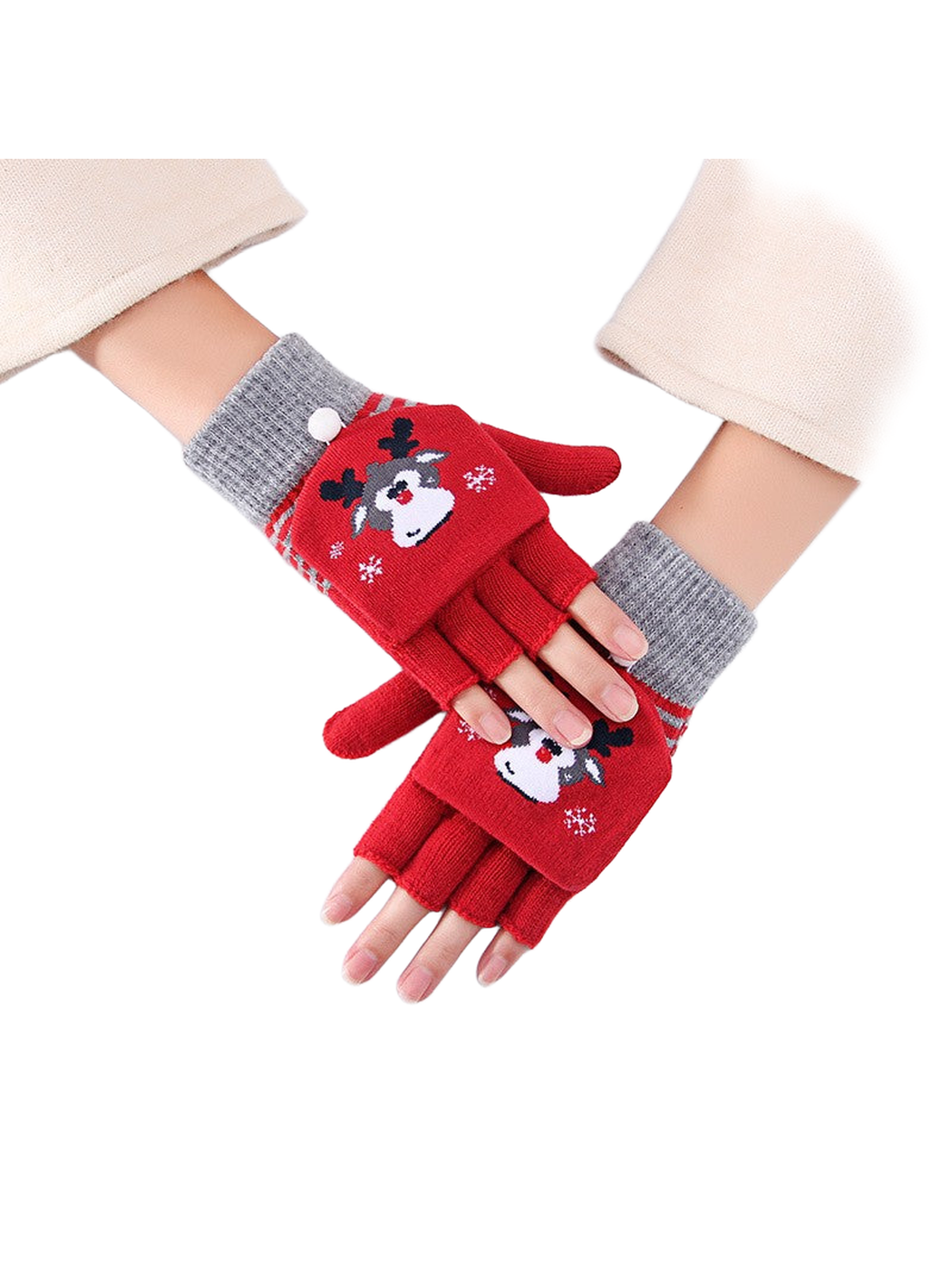 Red and gray convertible fingerless gloves with reindeer mitten covers