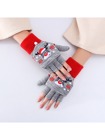 Gray and red reindeer convertible gloves worn against a light background