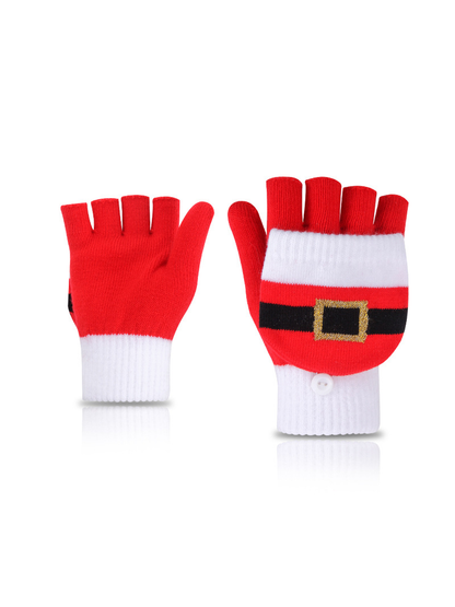 Red Santa belt convertible fingerless gloves, front and back views