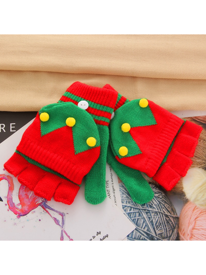 Red and green Christmas tree convertible fingerless gloves displayed as a pair