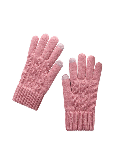 Pink cable-pattern gloves with ribbed cuffs and contrasting fingertips