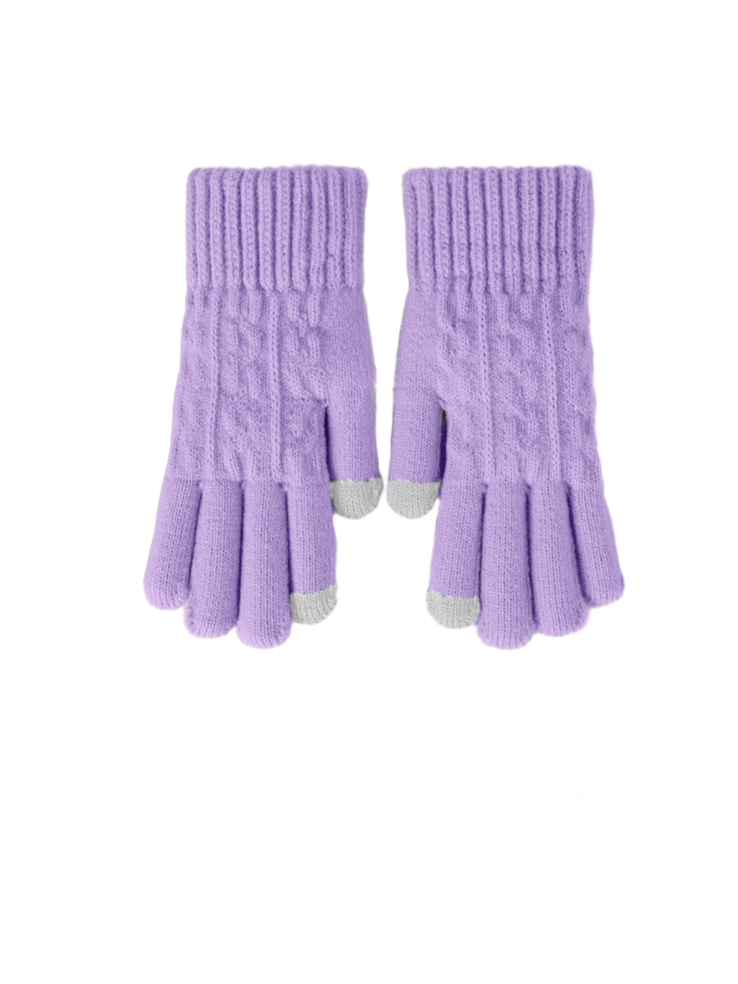 Light purple cable-pattern gloves with ribbed cuffs and contrasting fingertips