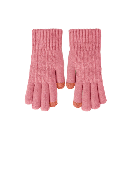 Rose pink cable-pattern gloves with ribbed cuffs and contrasting fingertips