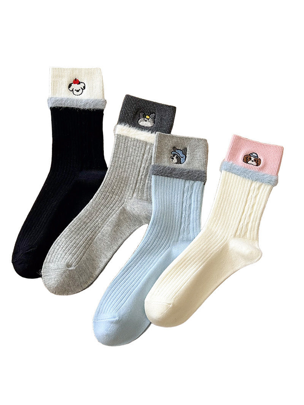 Black, gray, light blue and ivory embroidered crew socks