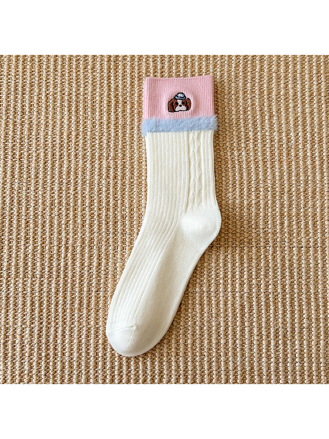 Ivory crew sock with pink embroidered cuff and fuzzy trim