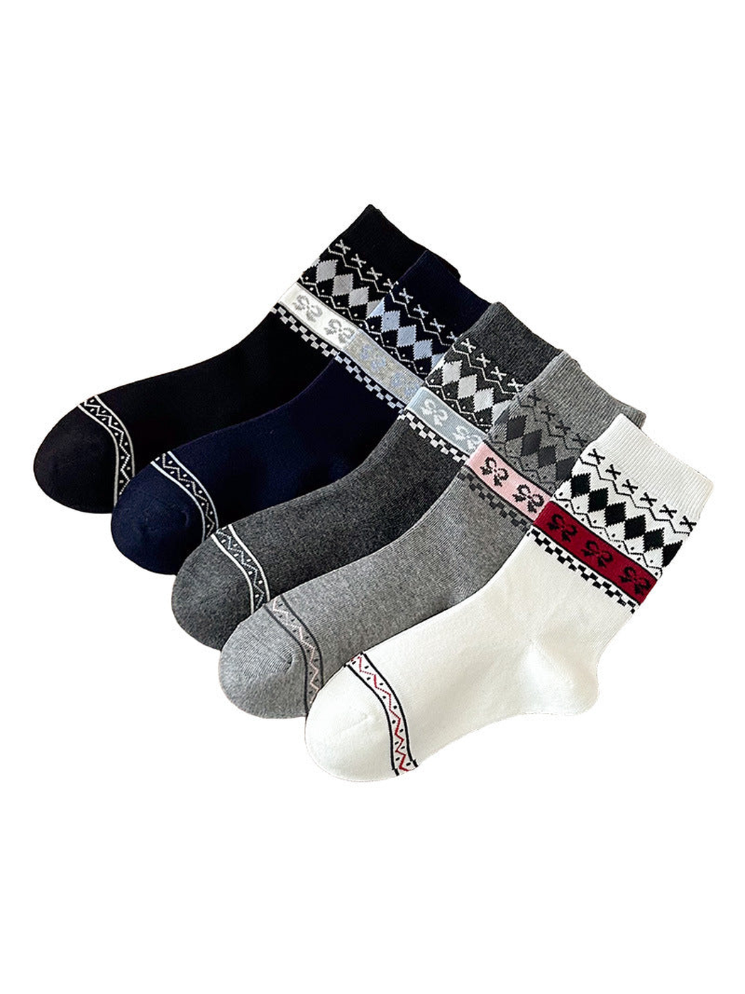 Multiple crew sock color styles with geometric diamond and bow-patterned cuffs