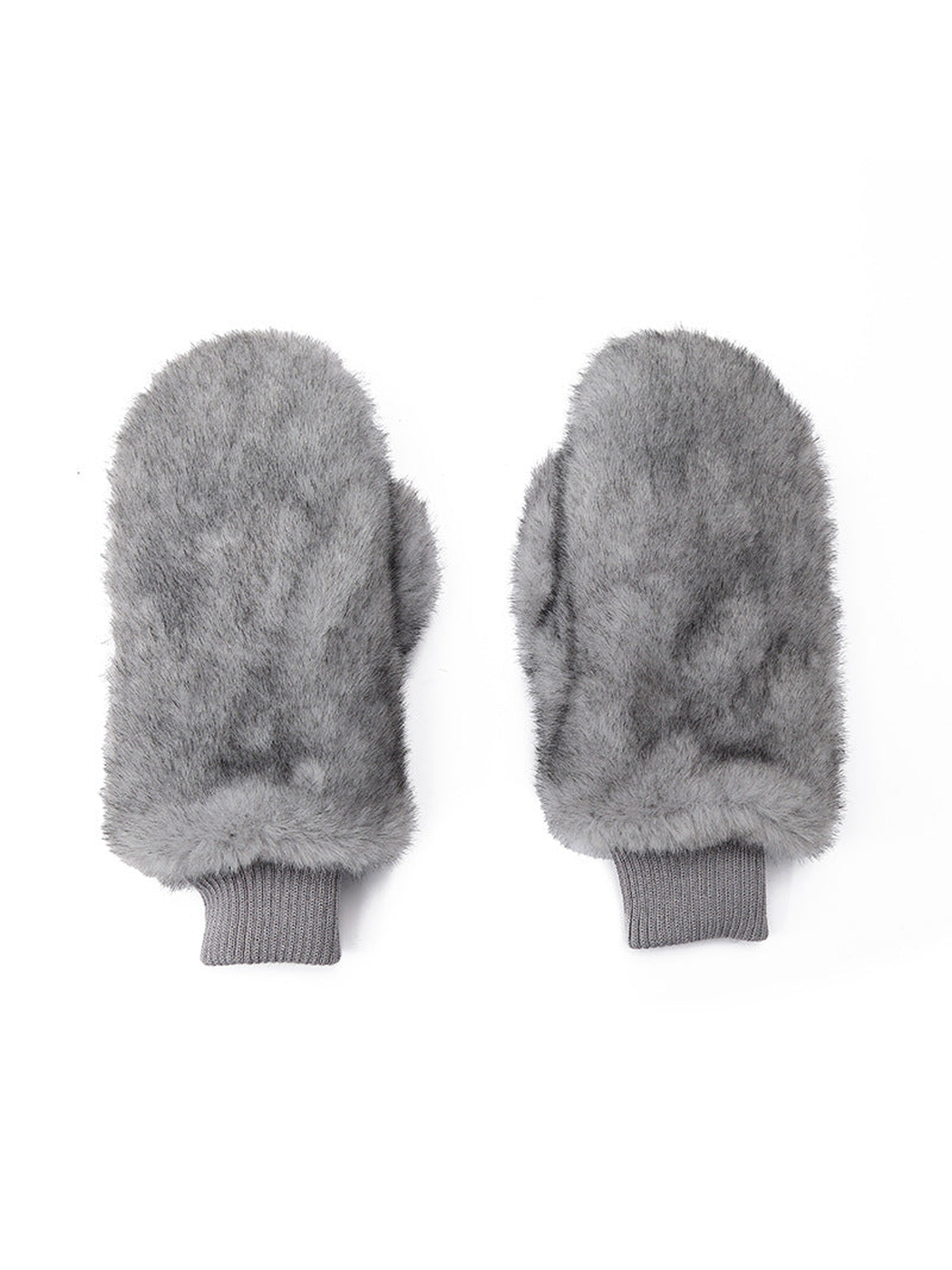 Gray fuzzy mittens with short ribbed cuffs on a white background