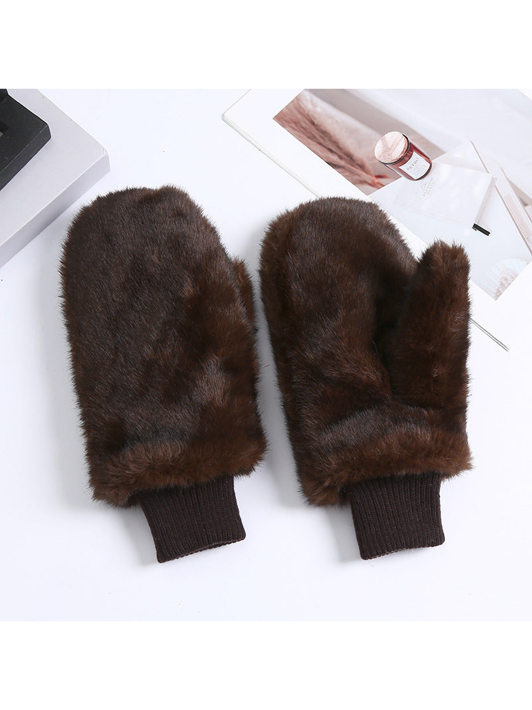 Deep brown fuzzy mittens with ribbed cuffs
