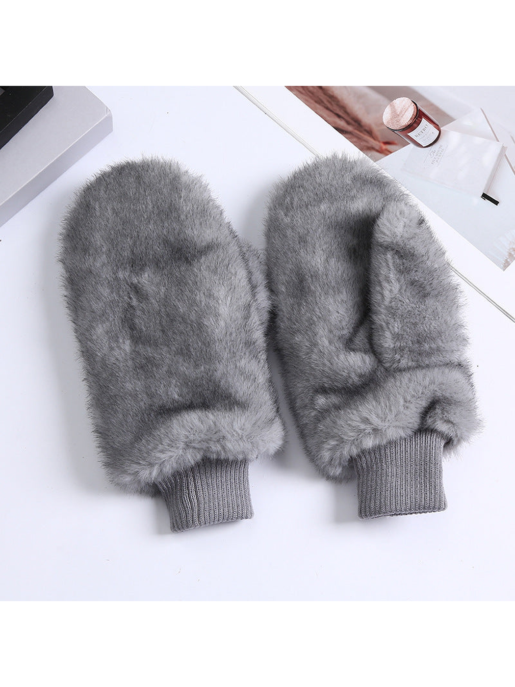 Gray fuzzy mittens with ribbed cuffs