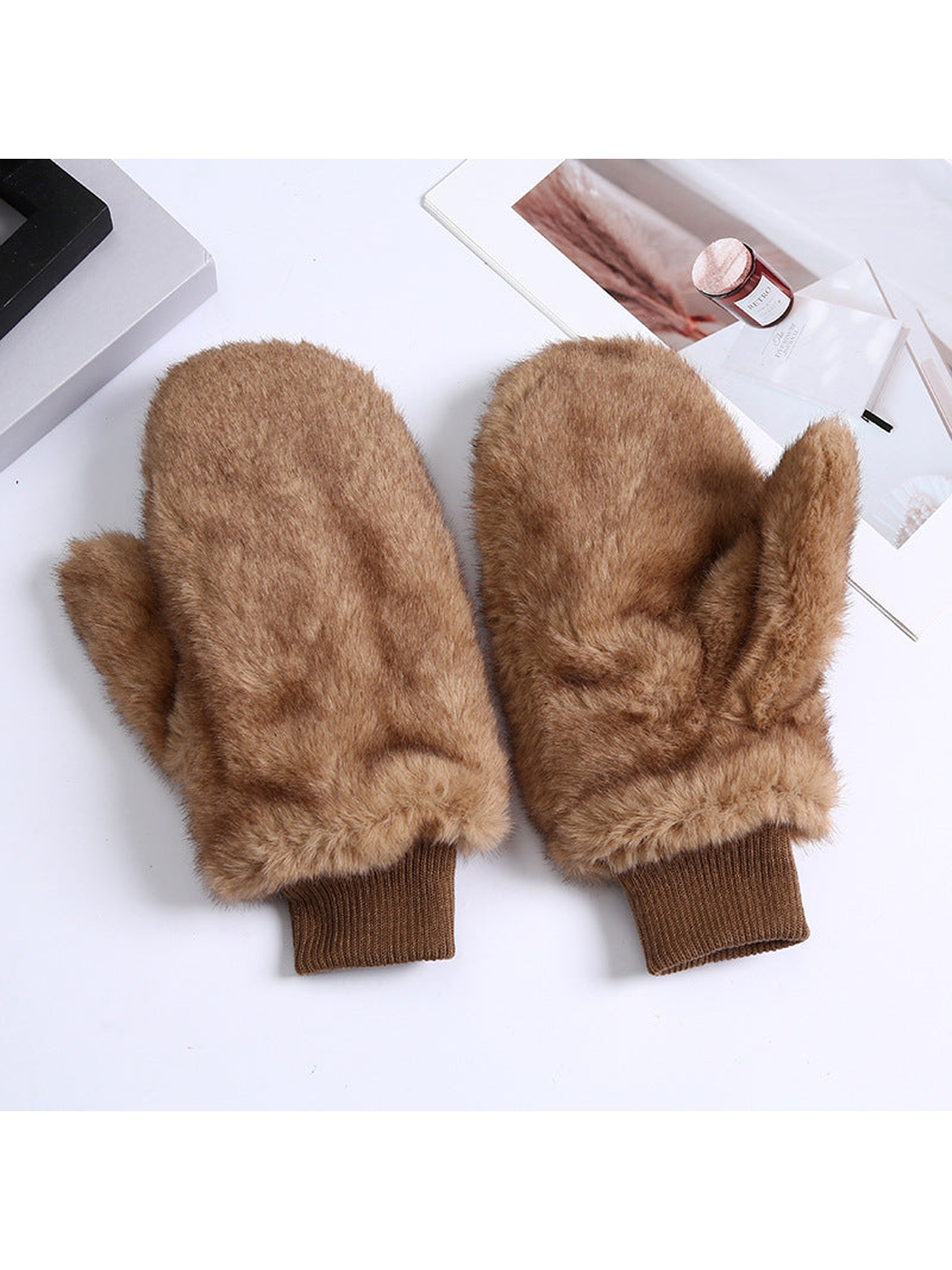 Caramel brown fuzzy mittens with ribbed cuffs