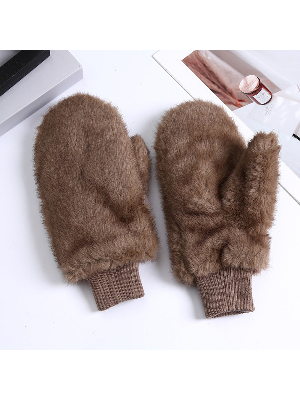 Brown fuzzy mittens with ribbed cuffs