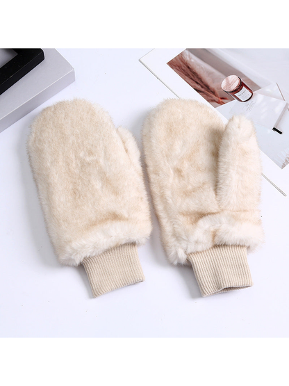 Ivory fuzzy mittens with ribbed cuffs