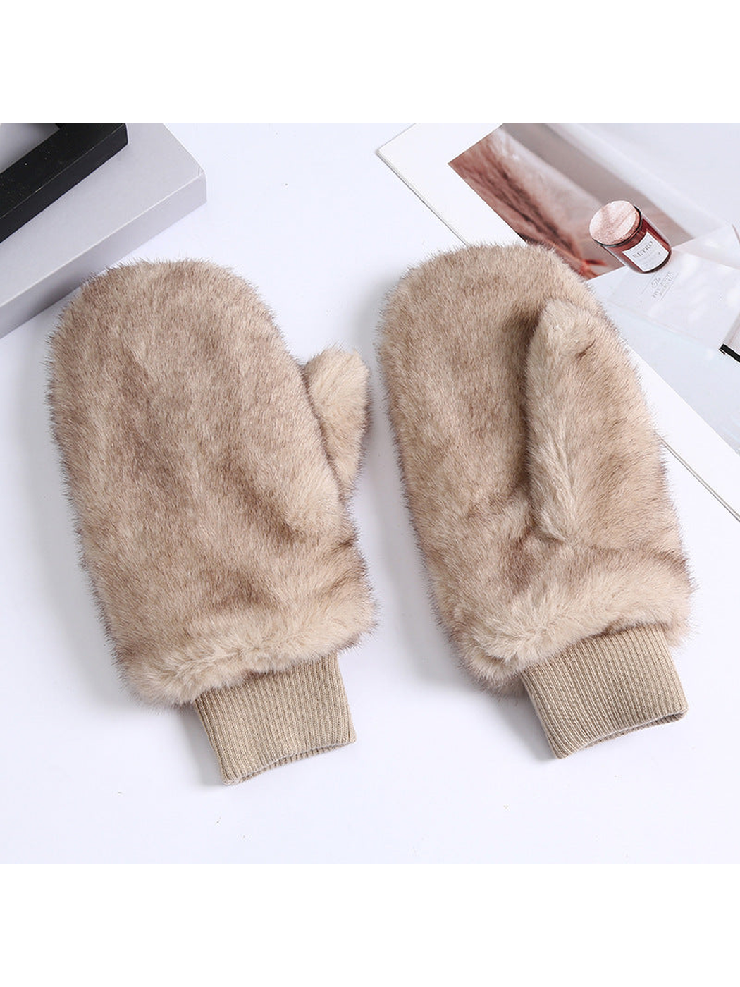 Beige fuzzy mittens with ribbed cuffs