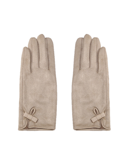 Pair of beige gloves with extended cuffs and small bow details