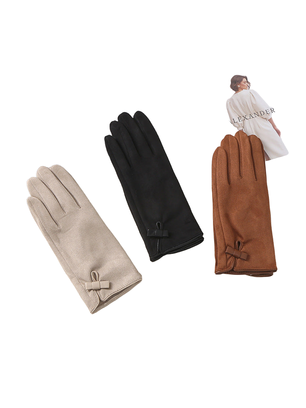 Beige, black, and brown bow-detail gloves displayed together