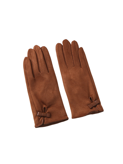 Pair of brown bow-detail gloves laid side by side
